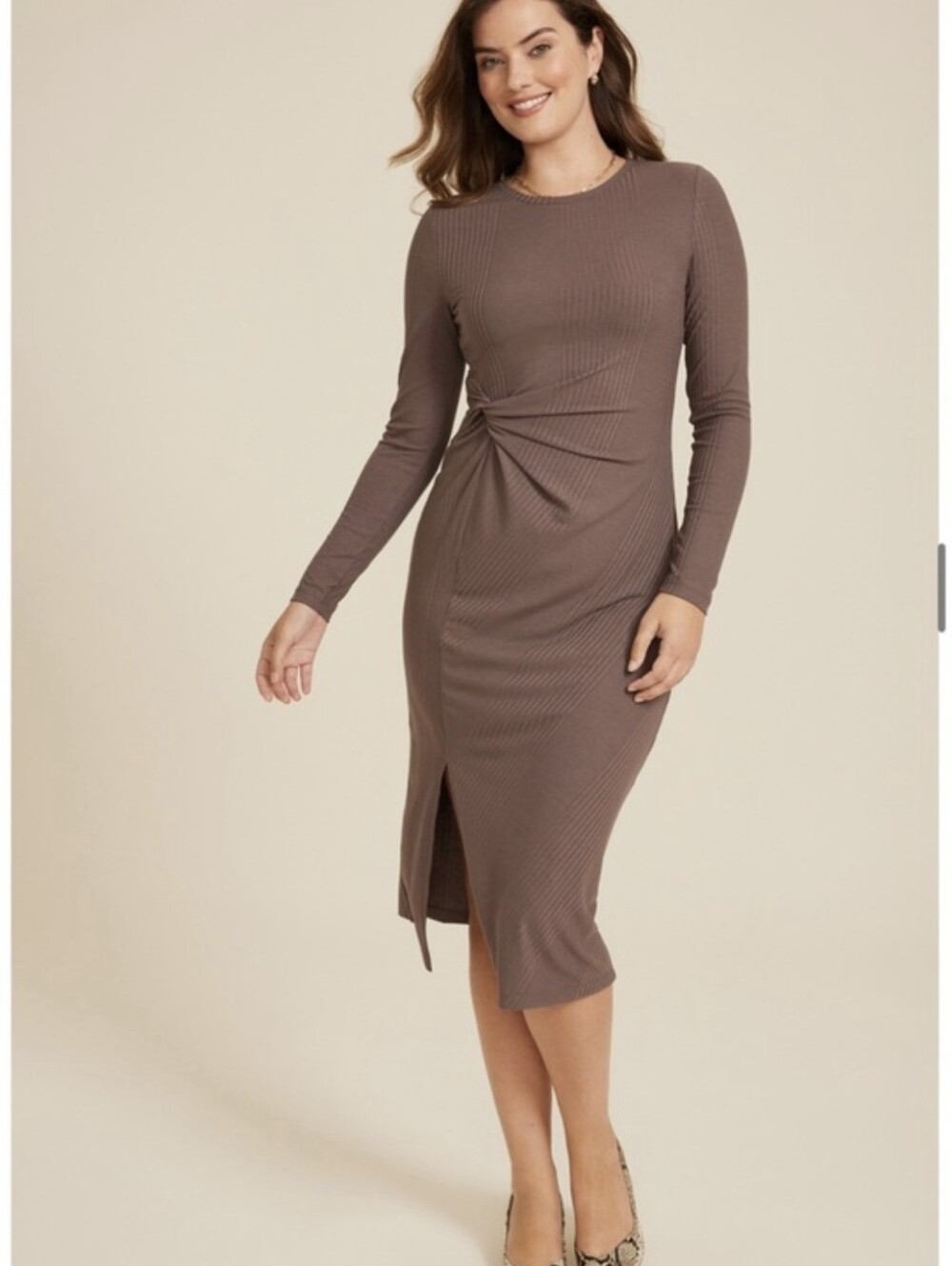 NWT Maurices Ribbed Long-Sleeve Twist Midi Dress in Brown Womens Size XS